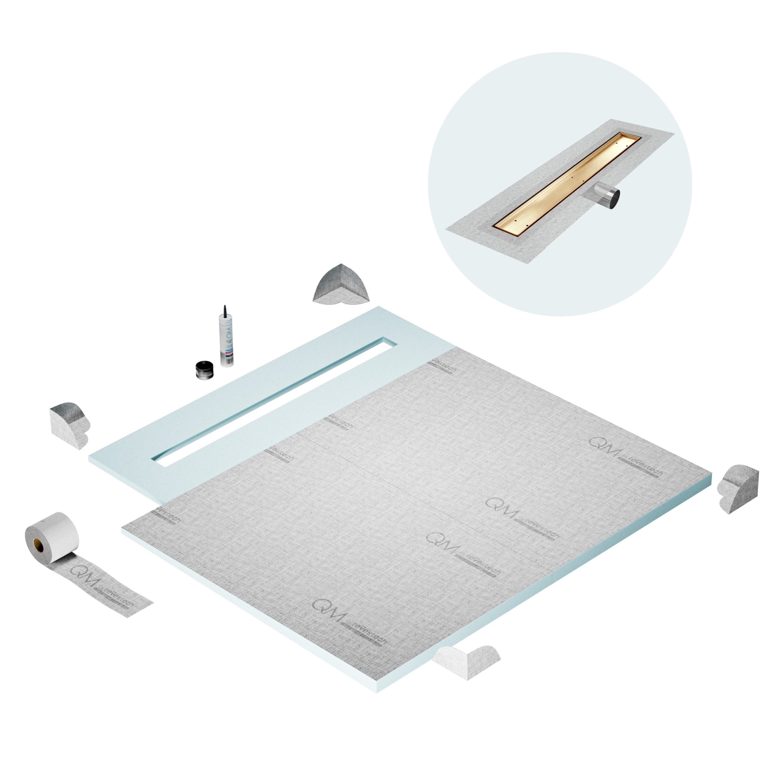 QM Shower Pan Curbless Kit 56" with a 48" Mist (Tile-in) Linear Drain Flange Edge Side Outlet in Gold