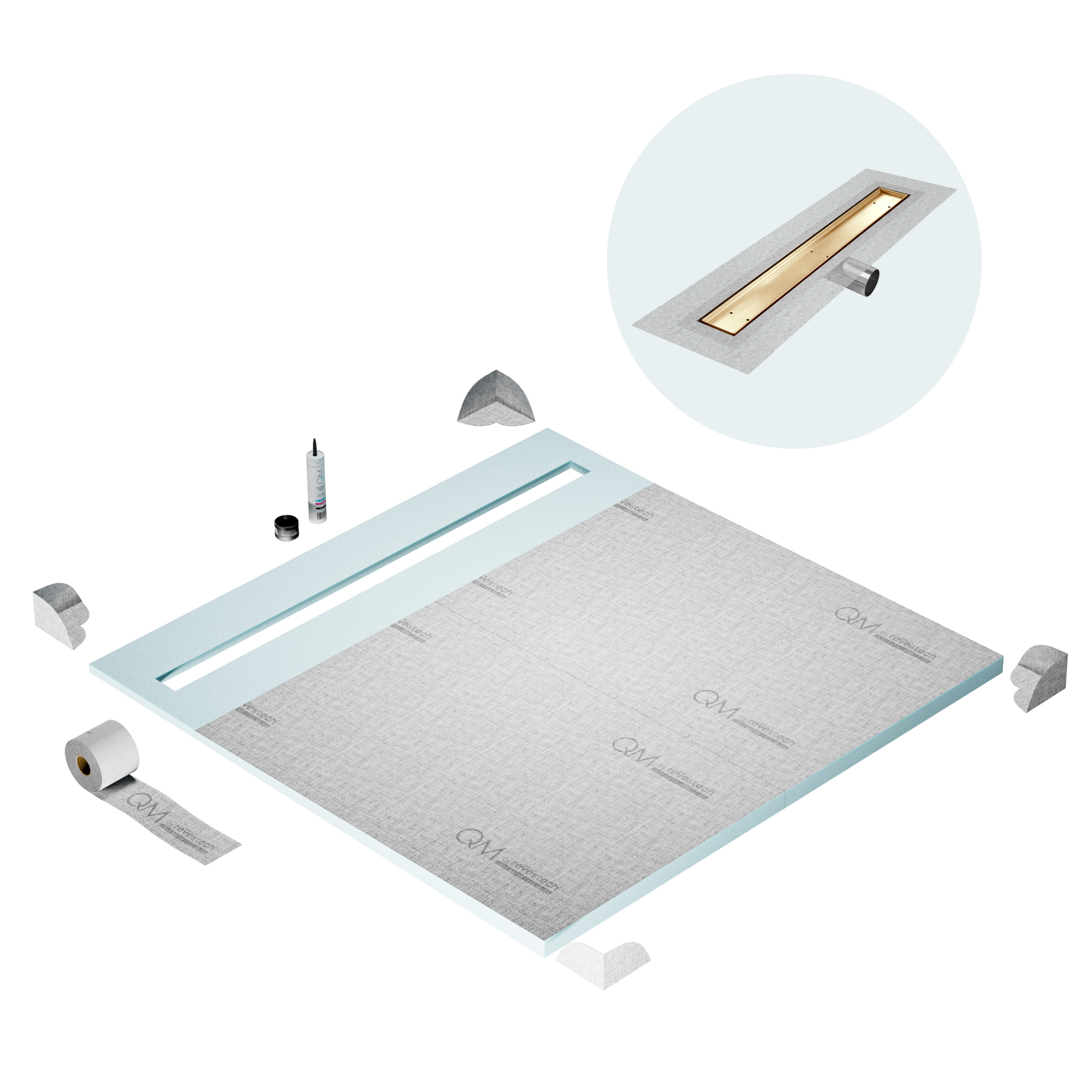 QM Shower Pan Curbless Kit 64" with a 58" Mist (Tile-in) Linear Drain Flange Edge Side Outlet in Gold
