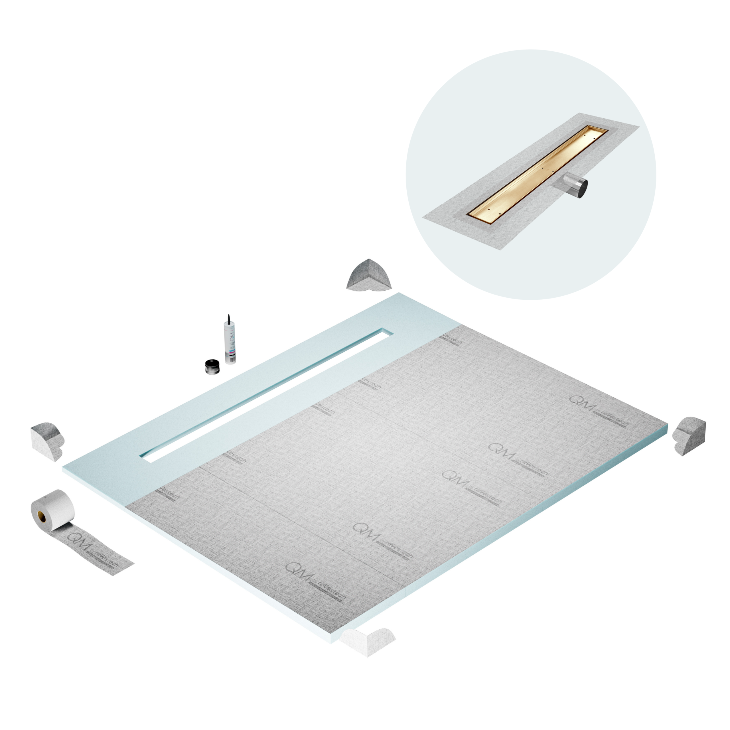 QM Shower Pan Curbless Kit 80" with a 58" Mist (Tile-in) Linear Drain Flange Edge Side Outlet in Gold