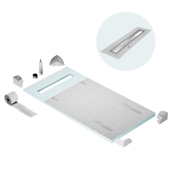 QM Shower Pan Curbless Kit 32" with a 24" Mist (Tile-in) Linear Drain Flange Edge in Satin