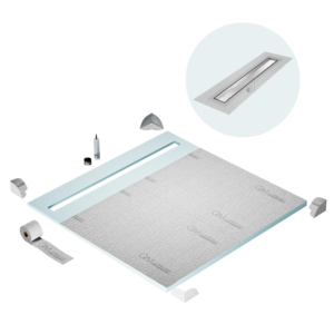 QM Shower Pan Curbless Kit 64″ with a 58″ Mist (Tile-in) Linear Drain Flange Edge in Satin