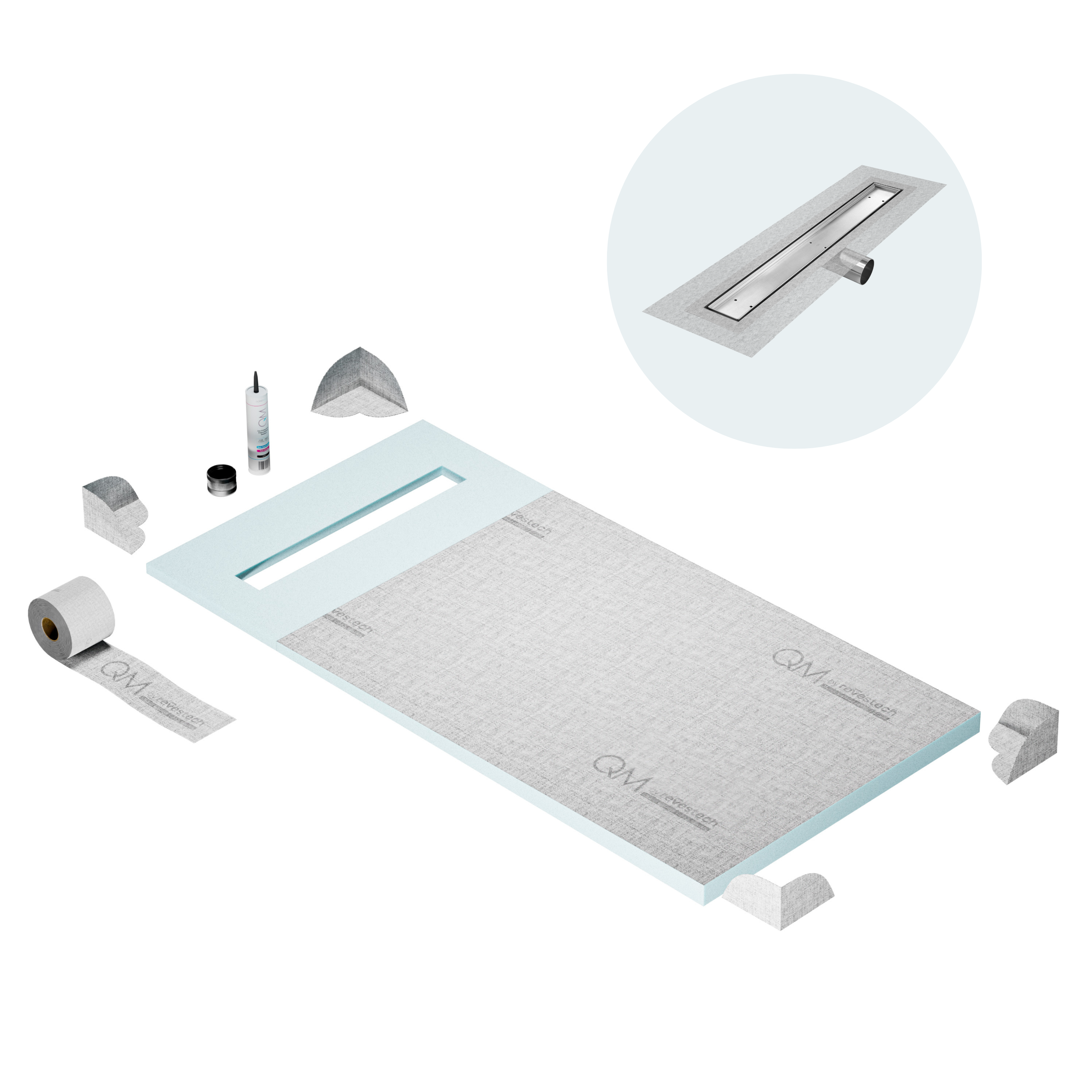 QM Shower Pan Curbless Kit 32" with a 24" Mist (Tile-in) Linear Drain Flange Edge Side Outlet in Satin