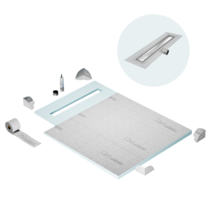 QM Shower Pan Curbless Kit 40″ with a 32″ Mist (Tile-in) Linear Drain Flange Edge Side Outlet in Satin