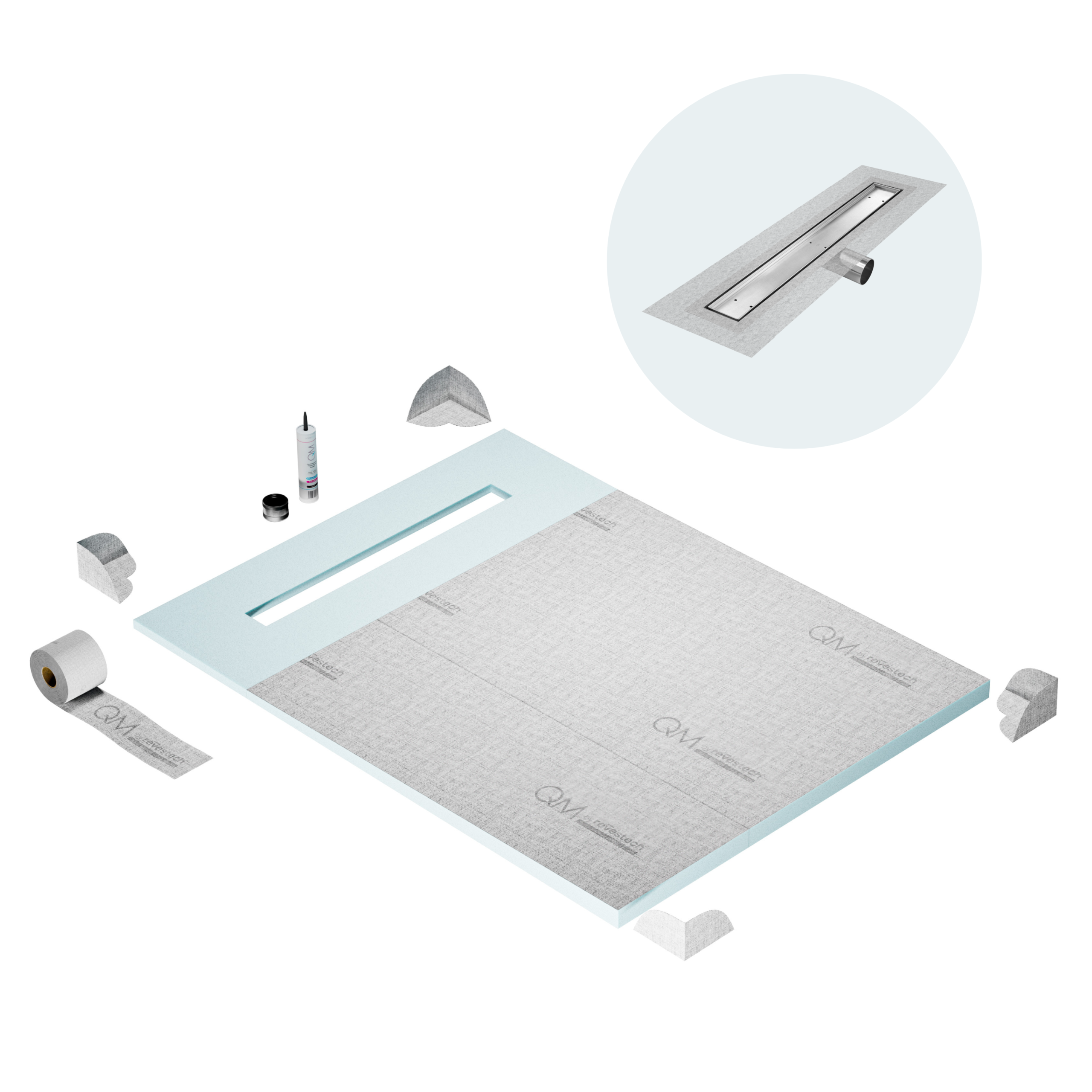QM Shower Pan Curbless Kit 48" with a 36" Mist (Tile-in) Linear Drain Flange Edge Side Outlet in Satin