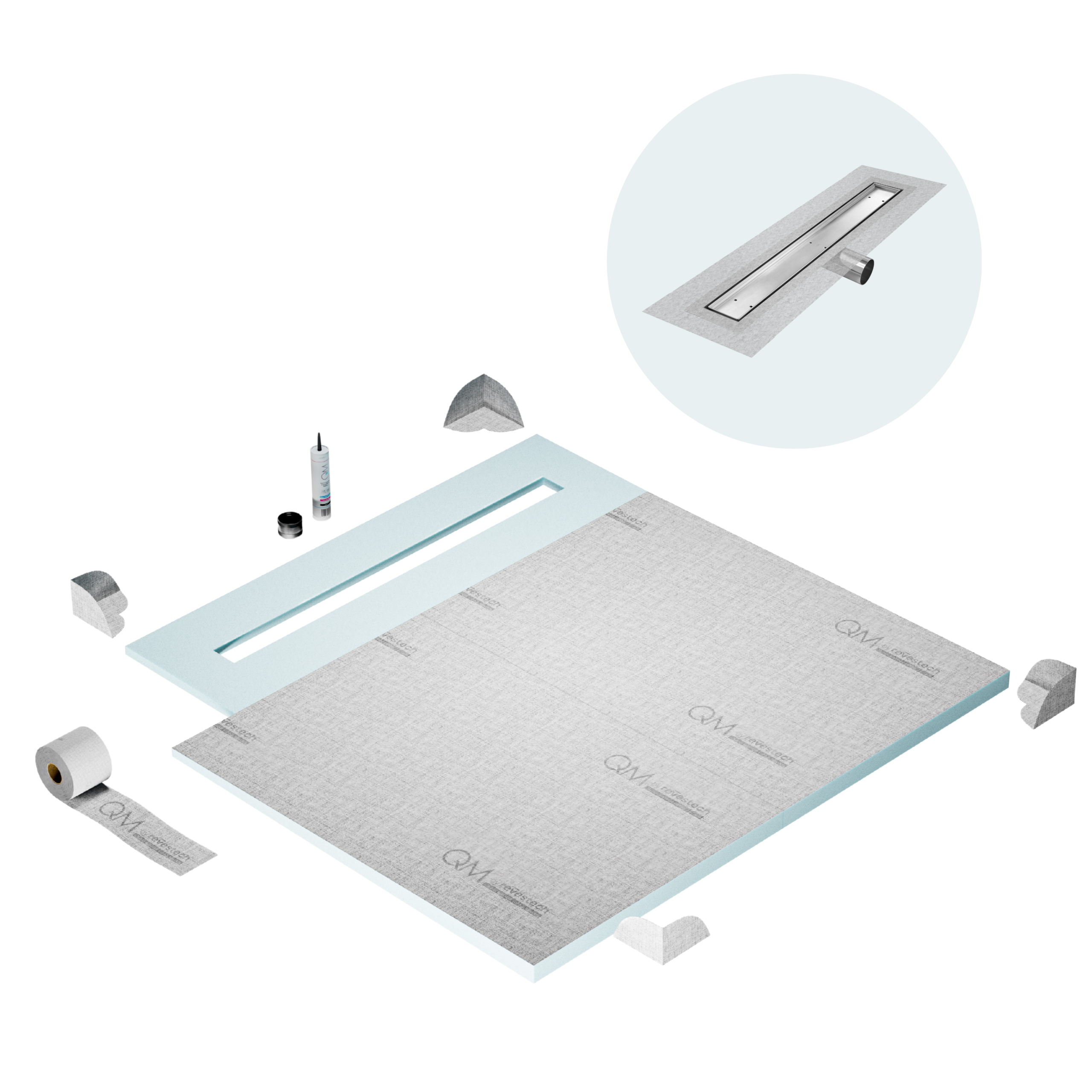 QM Shower Pan Curbless Kit 56" with a 48" Mist (Tile-in) Linear Drain Flange Edge Side Outlet in Satin