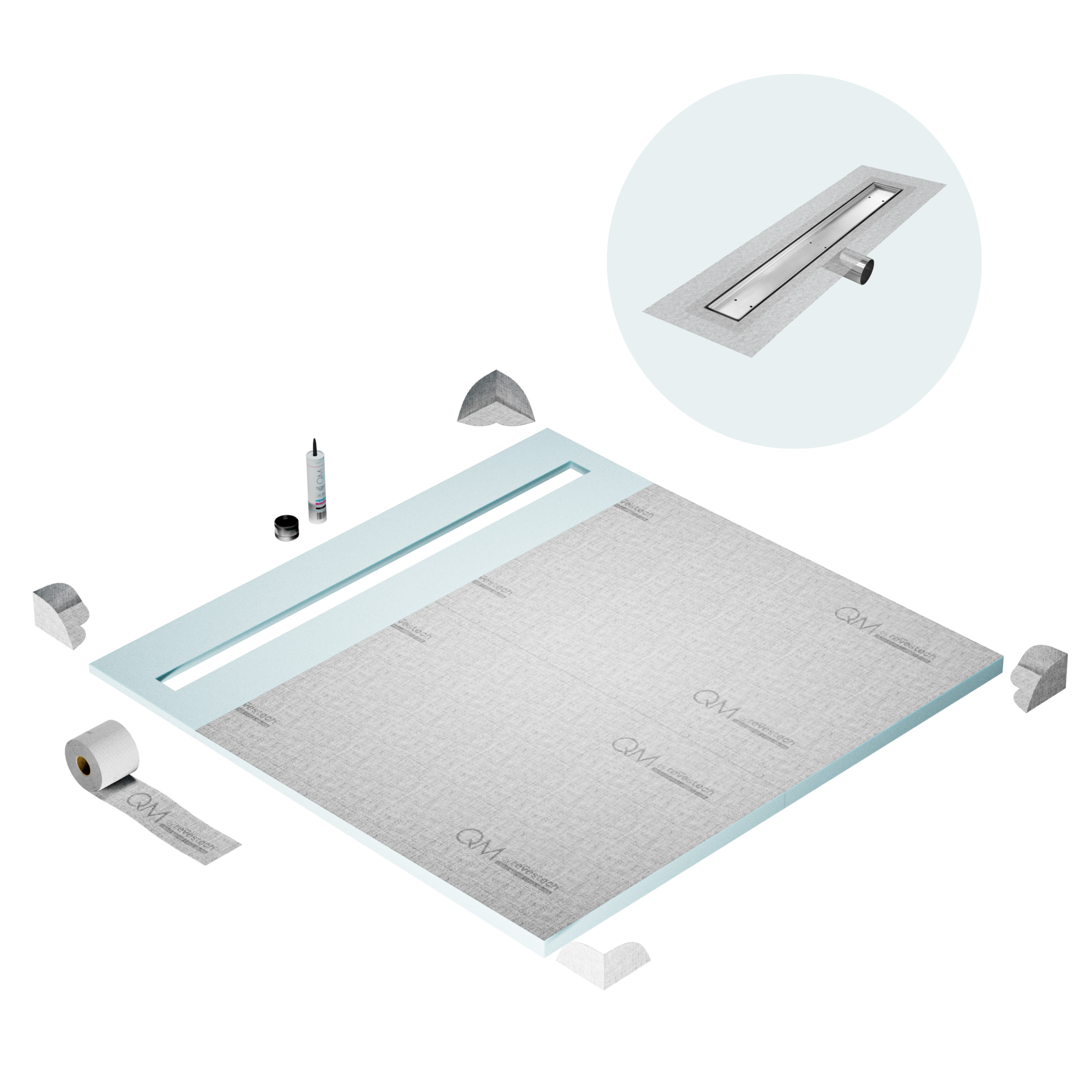 QM Shower Pan Curbless Kit 64" with a 58" Mist (Tile-in) Linear Drain Flange Edge Side Outlet in Satin