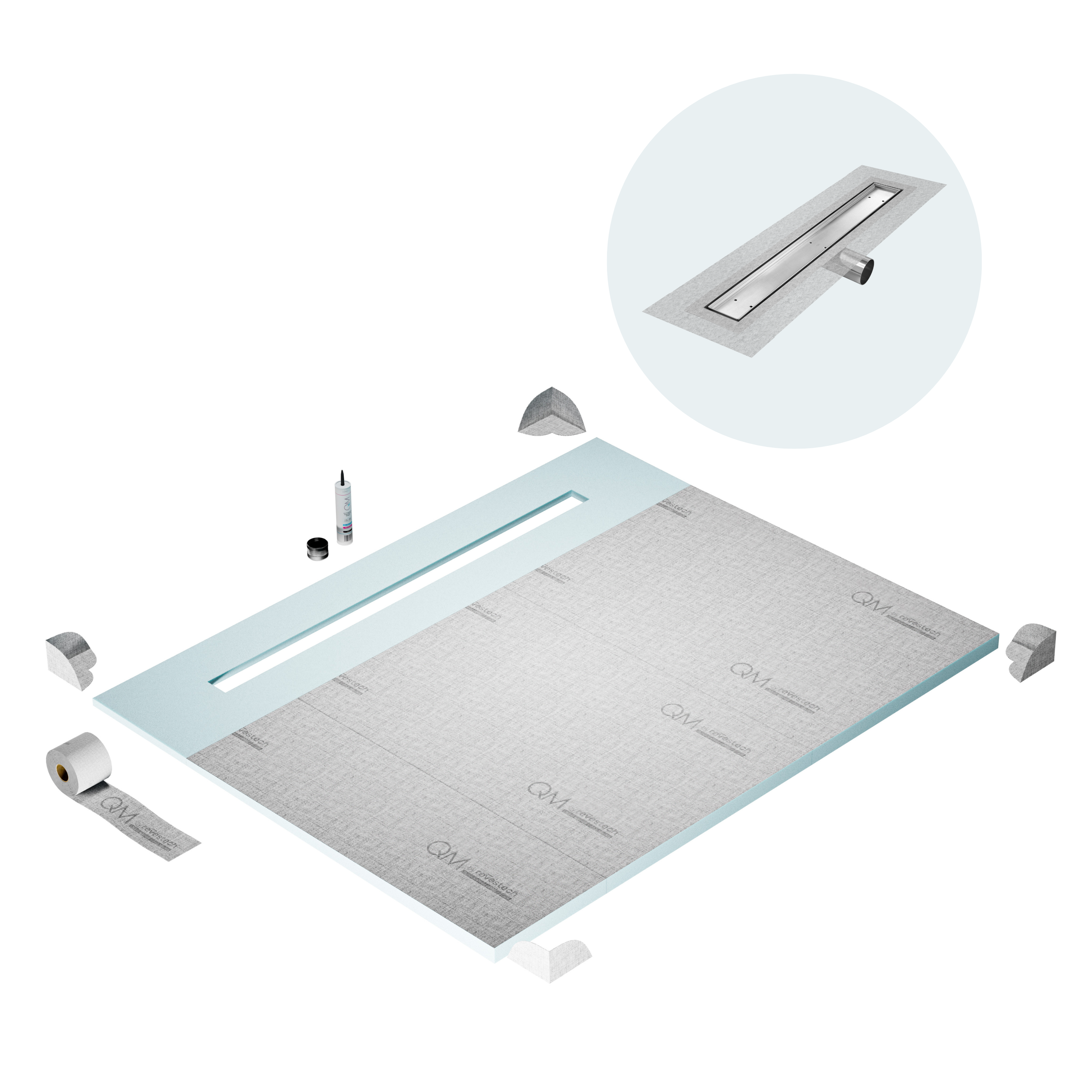 QM Shower Pan Curbless Kit 80" with a 58" Mist (Tile-in) Linear Drain Flange Edge Side Outlet in Satin