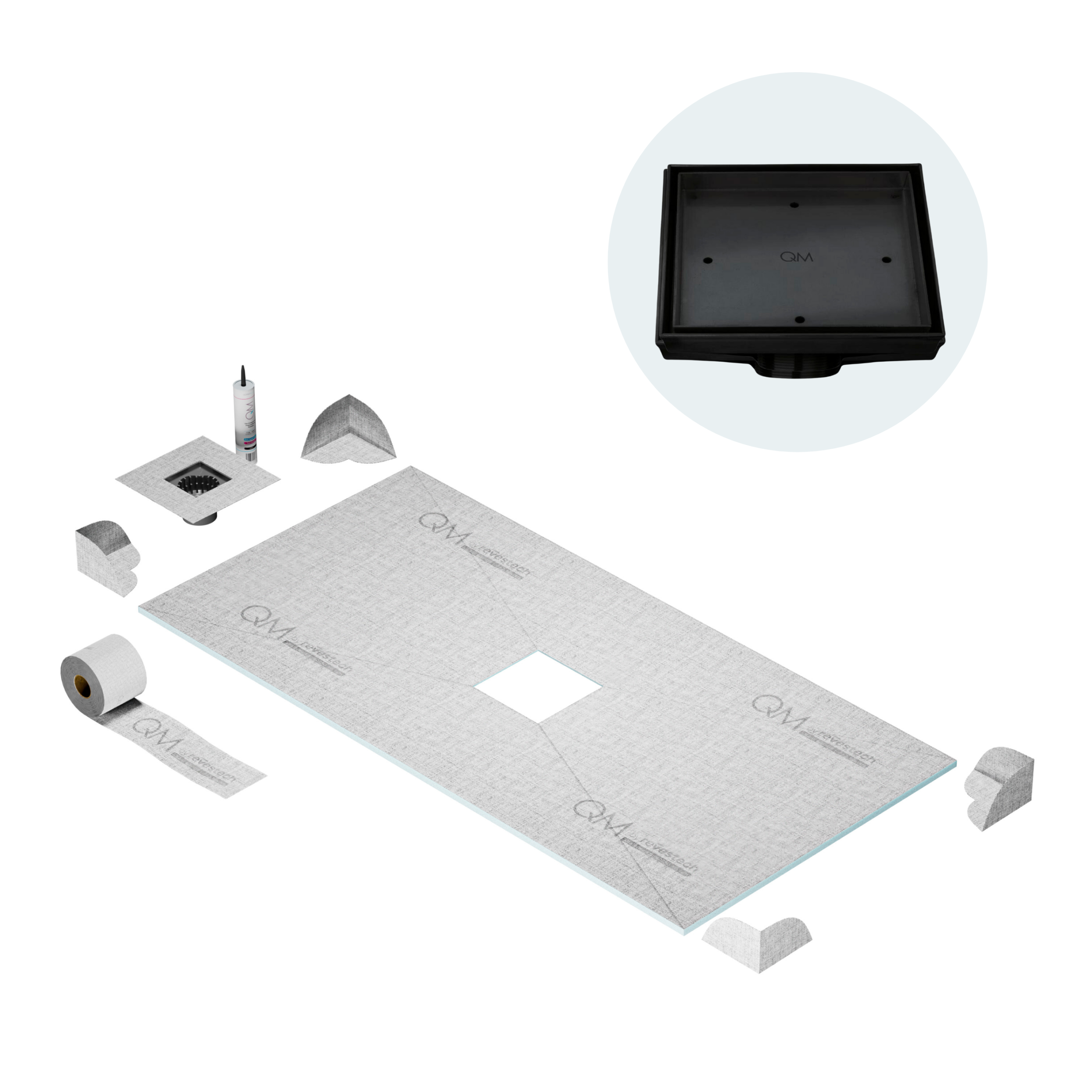 QM Curbless Center Shower Pan Kit 32" x 63" with 4"Mist (Tile-In) Square Drain in Satin