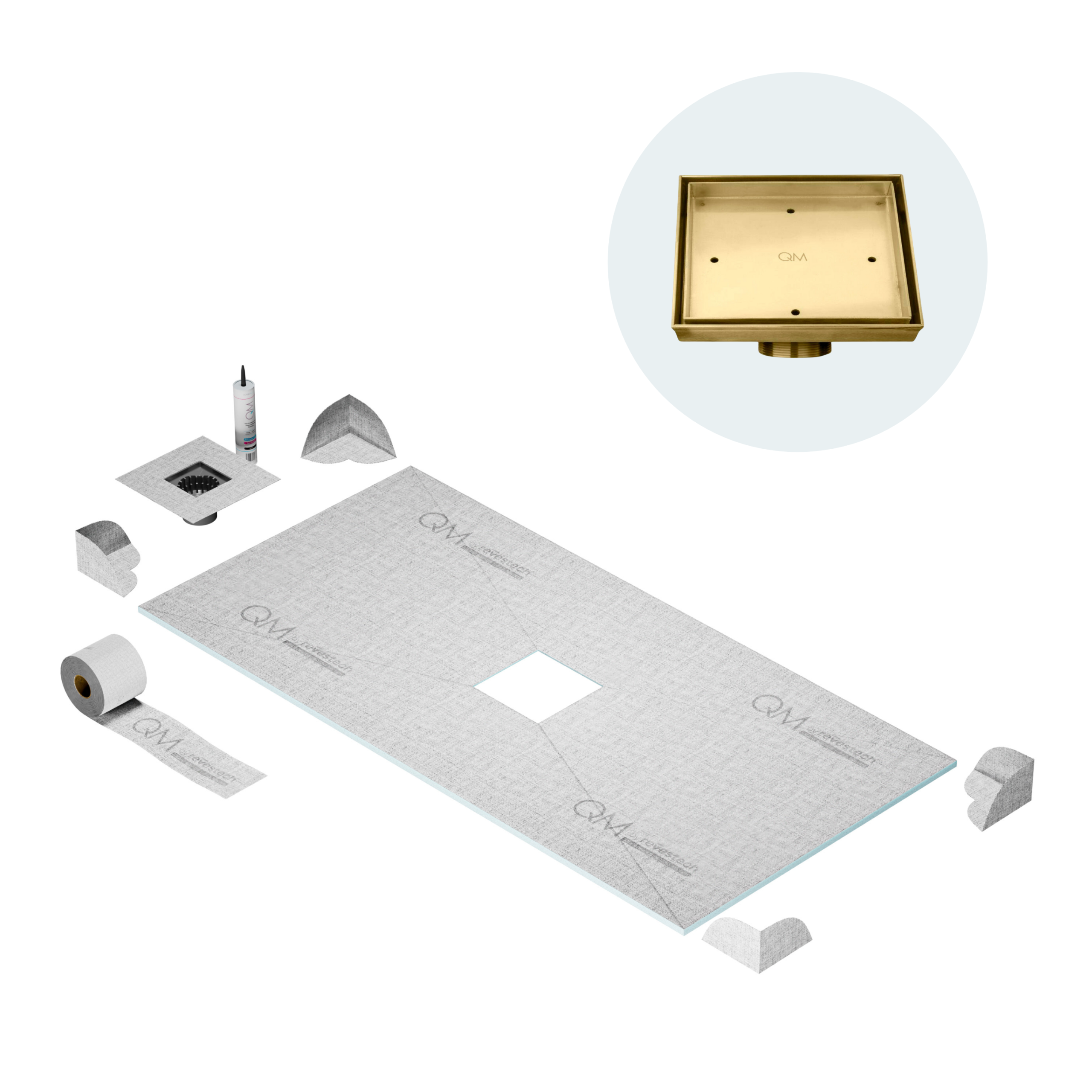 QM Curbless Center Shower Pan Kit 32" x 63" with 4" Mist (Tile-In) Square Drain in Bronze