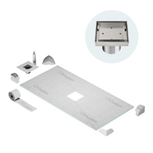 QM Curbless Center Shower Pan Kit 32″ x 63″ with 4″ Mist (Tile-In) Square Drain in Gold