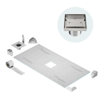QM Curbless Center Shower Pan Kit 32" x 63" with 4" Mist (Tile-In) Square Drain in Gold