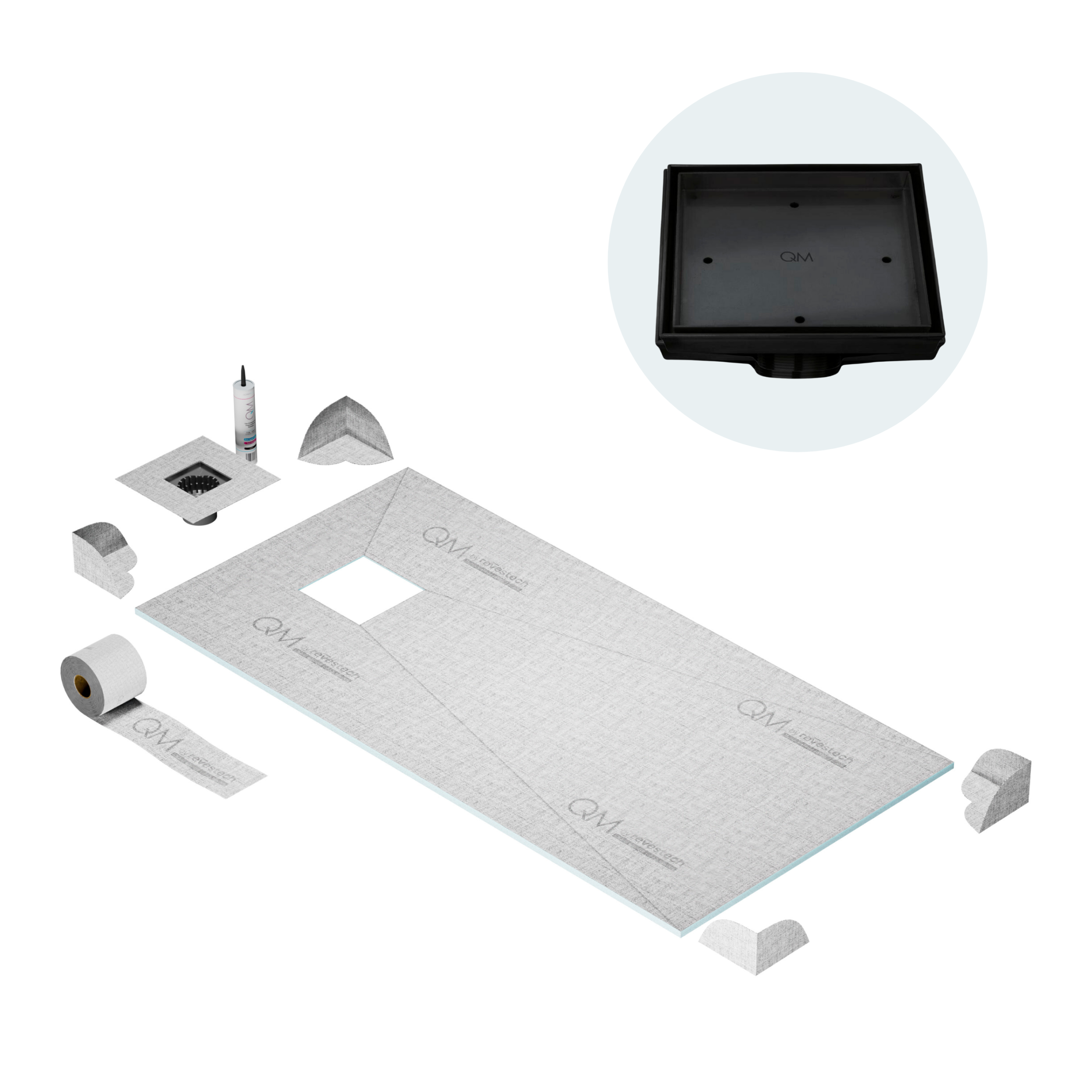 QM Curbless Off-Center Shower Pan Kit 32" x 63" with 4" Mist (Tile-In) Square Drain in Black
