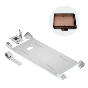 QM Curbless Off-Center Shower Pan Kit 32″ x 63″ with 4″ Mist (Tile-In) Square Drain in Bronze