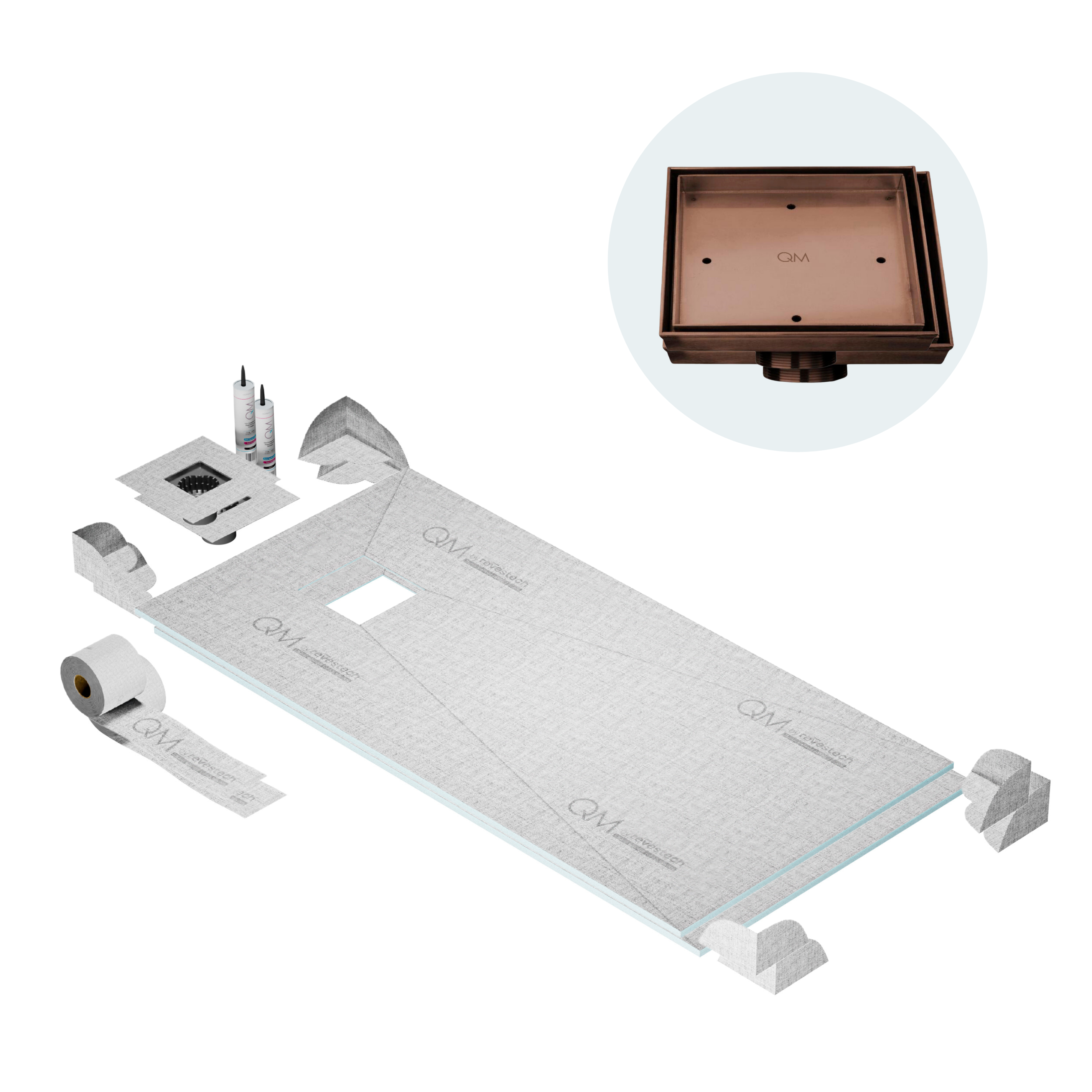 QM Curbless Off-Center Shower Pan Kit 32" x 63" with 4" Mist (Tile-In) Square Drain in Bronze
