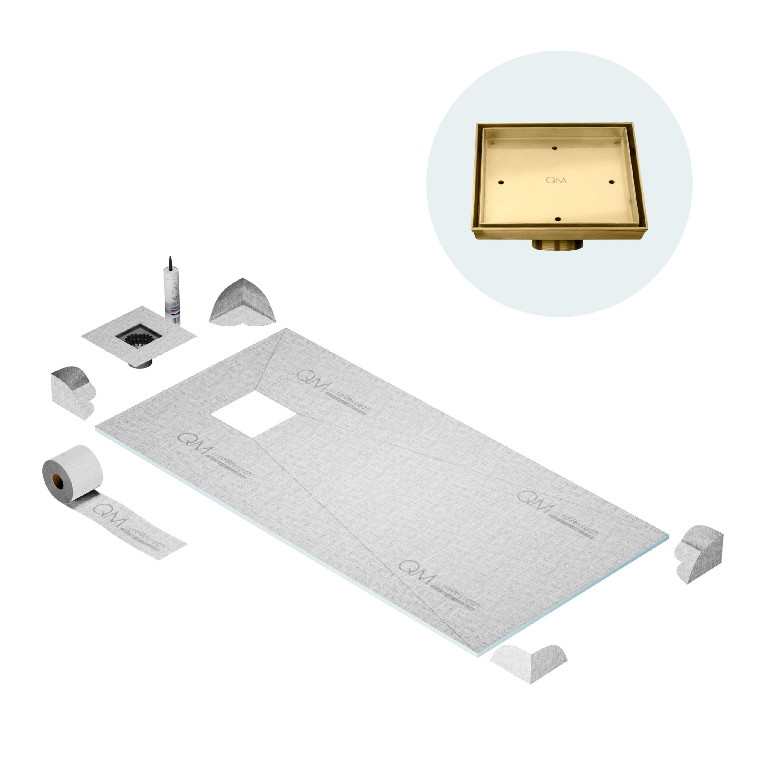 QM Curbless Off-Center Shower Pan Kit 32" x 63" with 4" Mist (Tile-In) Square Drain in Gold