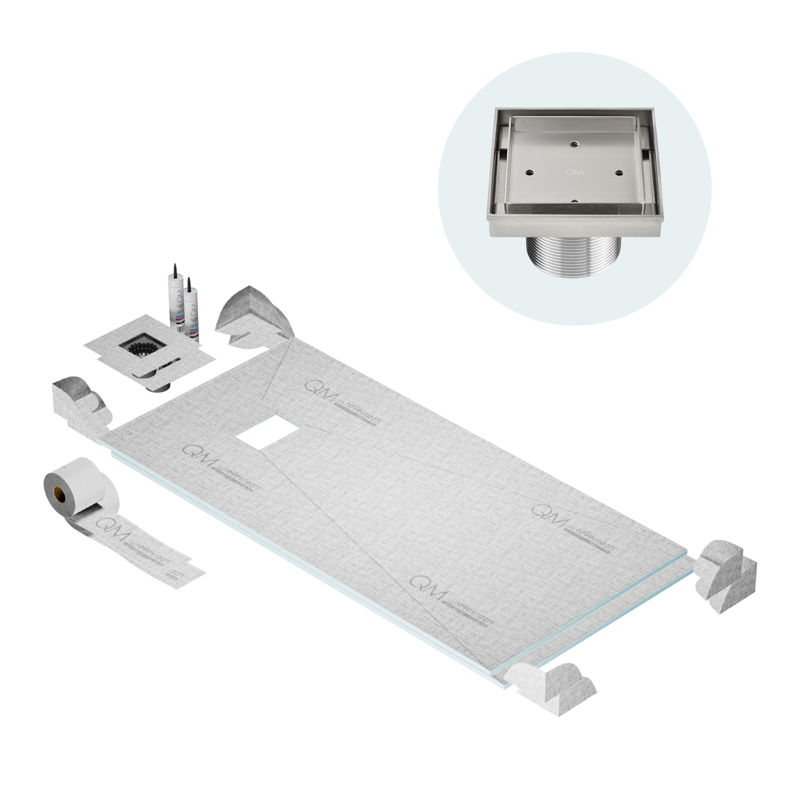 QM Off-Center Curbless Shower Pan Kit 32" x 63" with 4"Mist (Tile-In) Square Drain in Satin