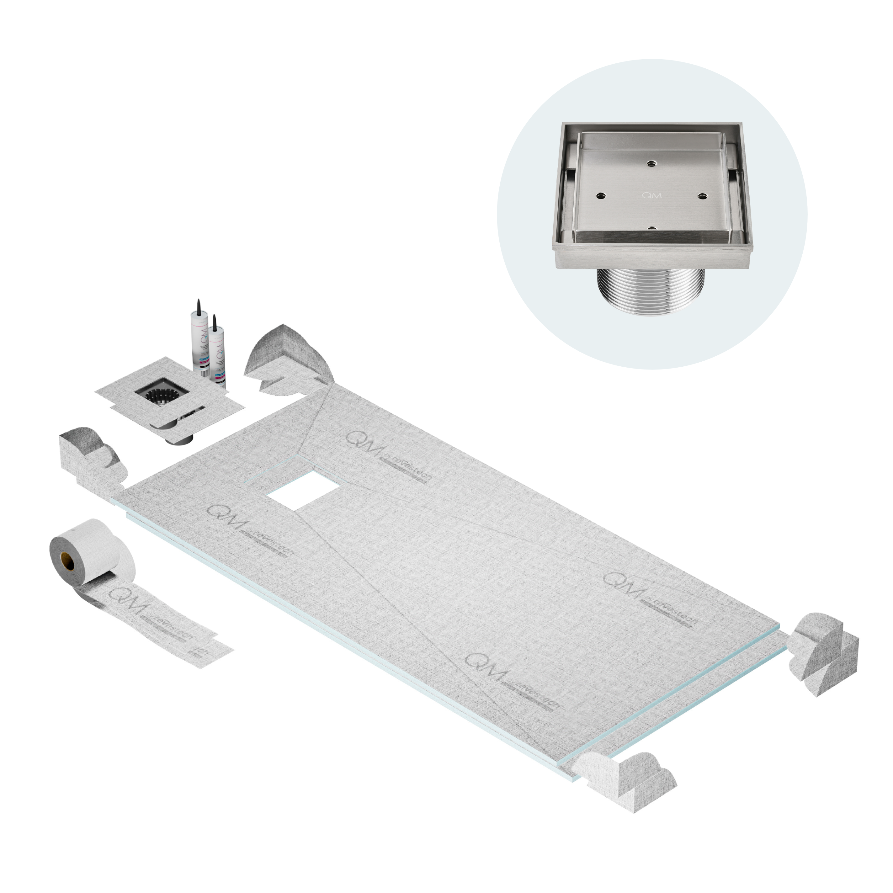 QM Off-Center Curbless Shower Pan Kit 32" x 63" with 4"Mist (Tile-In) Square Drain in Satin