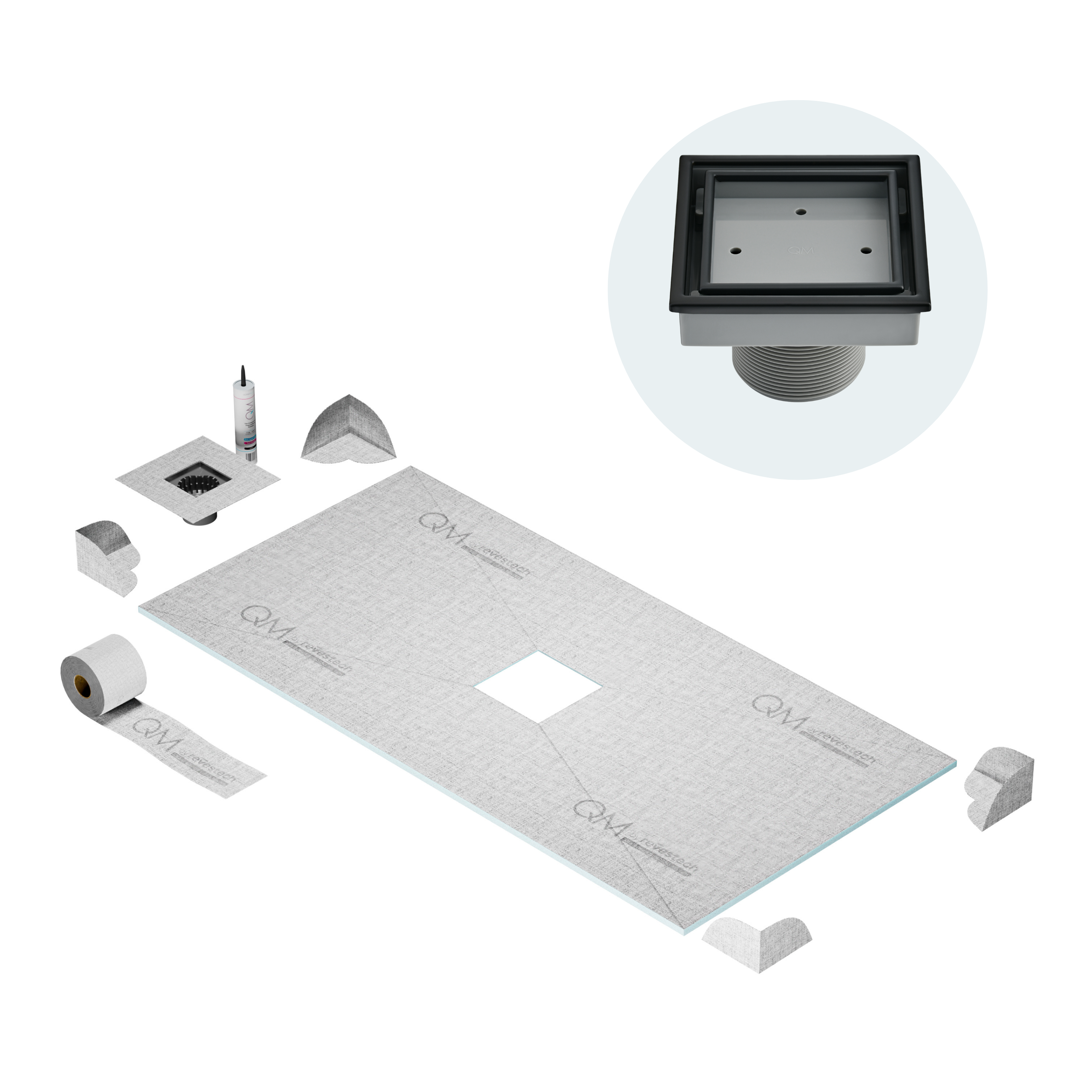 QM Curbless Center Shower Pan Kit 32" x 63" with 4"Veil (Tile-In) Square Drain in Black