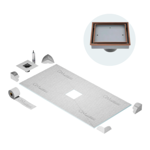 QM Curbless Center Shower Pan Kit 32″ x 63″ with 4″Veil (Tile-In) Square Drain in Bronze