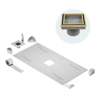 QM Curbless Center Shower Pan Kit 32" x 63" with 4"Veil (Tile-In) Square Drain in Gold