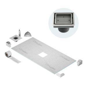 QM Curbless Center Shower Pan Kit 32″ x 63″ with 4″Veil (Tile-In) Square Drain in Polished