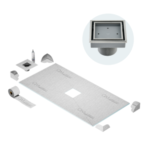 QM Curbless Center Shower Pan Kit 32″ x 63″ with 4″Veil (Tile-In) Square Drain in Satin