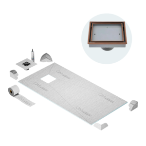 QM Off-Center Curbless Shower Pan Kit 32″ x 63″ with 4″Veil (Tile-In) Square Drain in Bronze