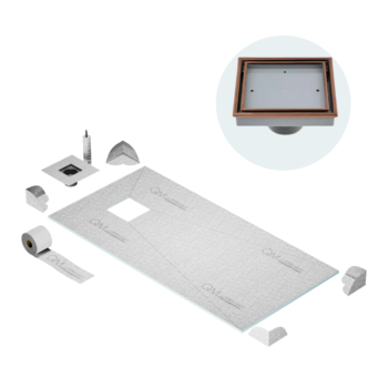 QM Off-Center Curbless Shower Pan Kit 32" x 63" with 4"Veil (Tile-In) Square Drain in Bronze
