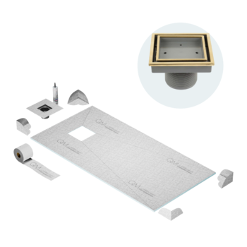 QM Off- Center Curbless Shower Pan Kit 32" x 63" with 4"Veil (Tile-In) Square Drain in Gold