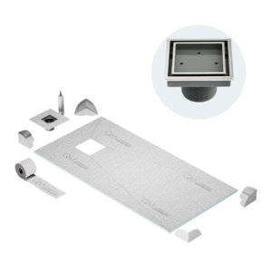 QM Off- Center Curbless Shower Pan Kit 32″ x 63″ with 4″Veil (Tile-In) Square Drain in Polished