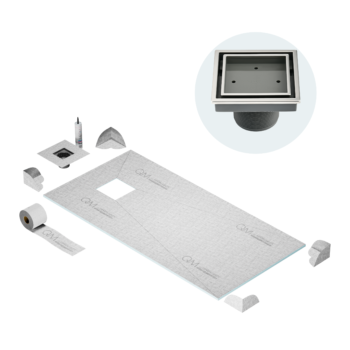 QM Off- Center Curbless Shower Pan Kit 32" x 63" with 4"Veil (Tile-In) Square Drain in Polished