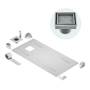 QM Off-Center Curbless  Shower Pan Kit 32″ x 63″ with 4″Veil (Tile-In) Square Drain in Satin