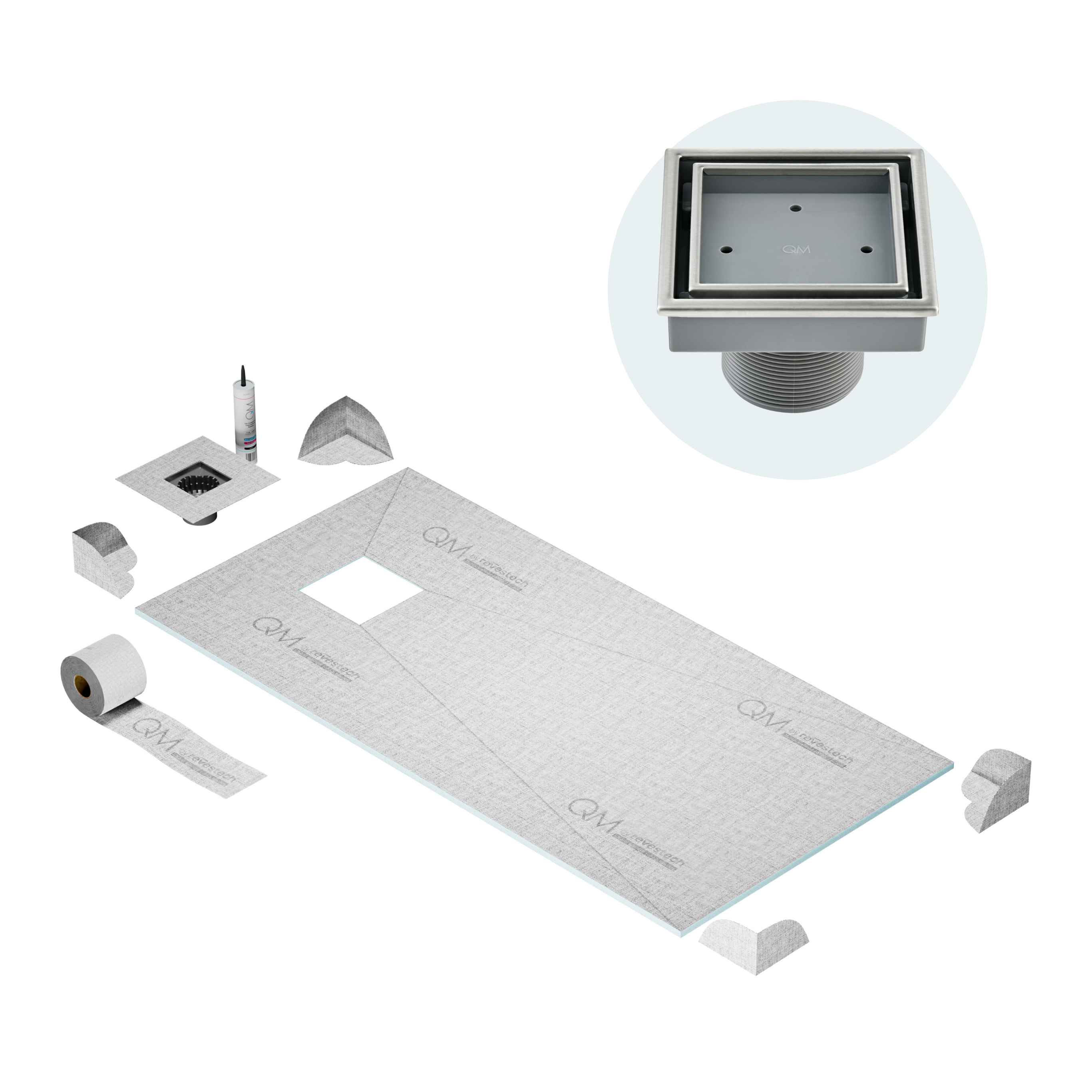 QM Off-Center Curbless  Shower Pan Kit 32" x 63" with 4"Veil (Tile-In) Square Drain in Satin