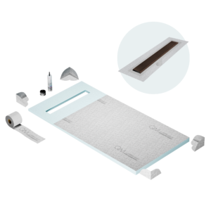 QM Shower Pan Curbless Kit 32″ with a 24″ Wedgewire Linear Drain Flange Edge in Bronze