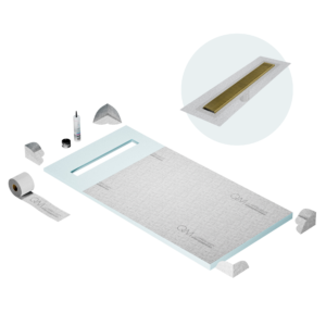 QM Shower Pan Curbless Kit 32″ with a 24″ Wedgewire Linear Drain Flange Edge in Gold