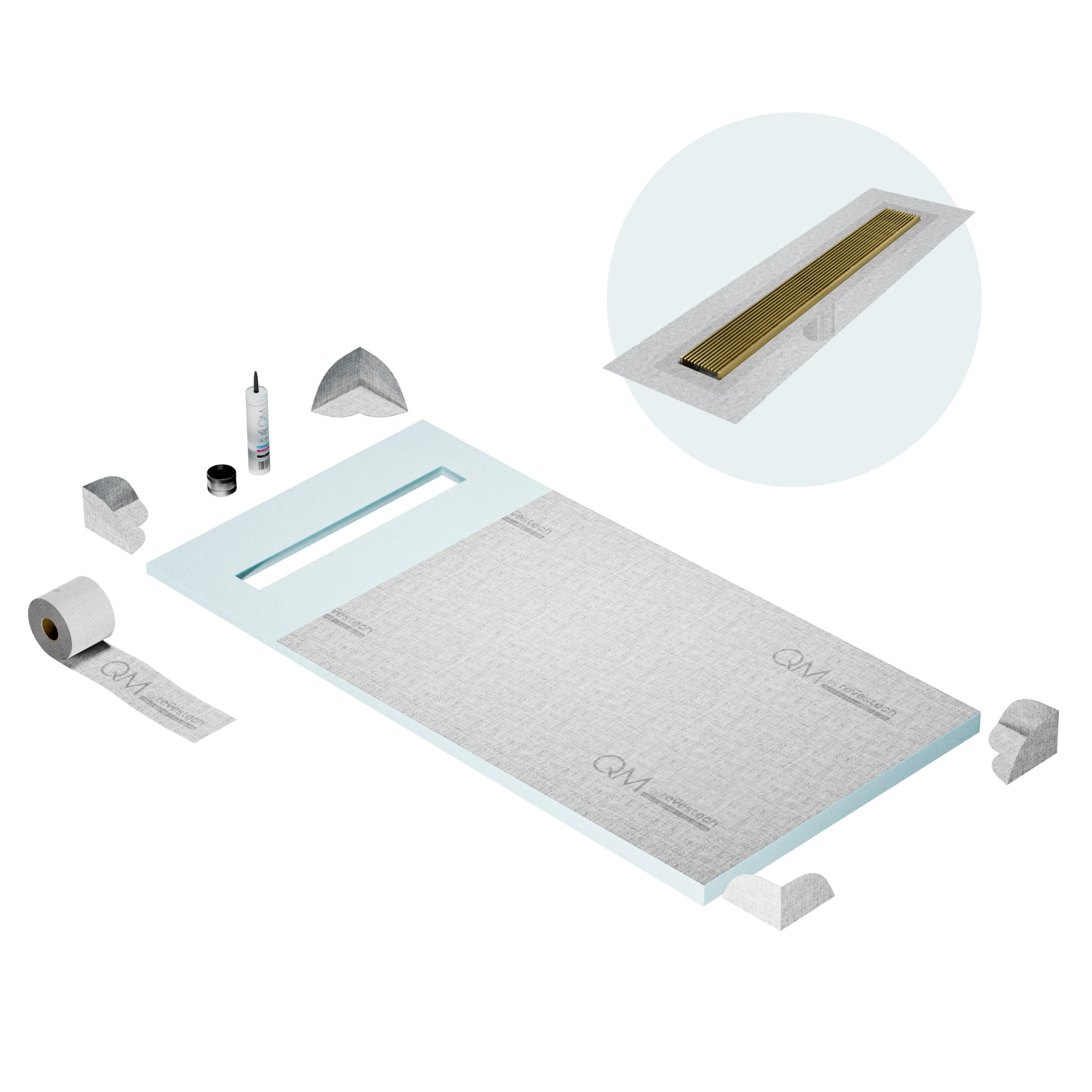 QM Shower Pan Curbless Kit 32" with a 24" Wedgewire Linear Drain Flange Edge in Gold