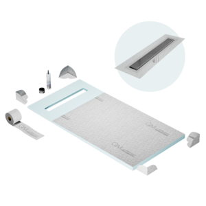 QM Shower Pan Curbless Kit 32″ with a 24″ Wedgewire Linear Drain Flange Edge in Polished