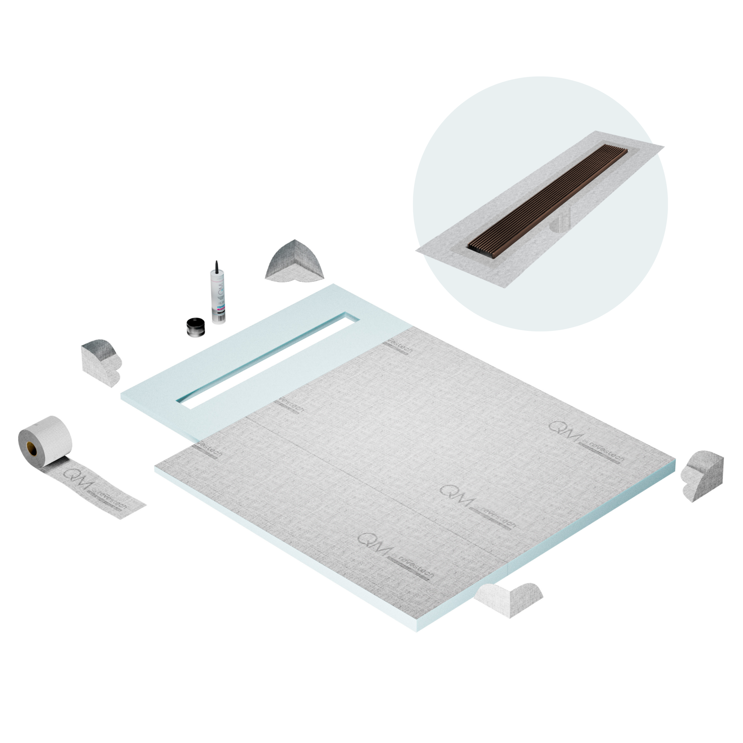 QM Shower Pan Curbless Kit 40" with a 32" Wedgewire Linear Drain Flange Edge in Bronze