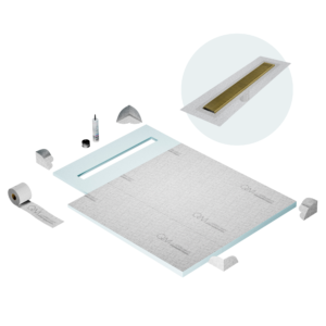 QM Shower Pan Curbless Kit 40″ with a 32″ Wedgewire Linear Drain Flange Edge in Gold
