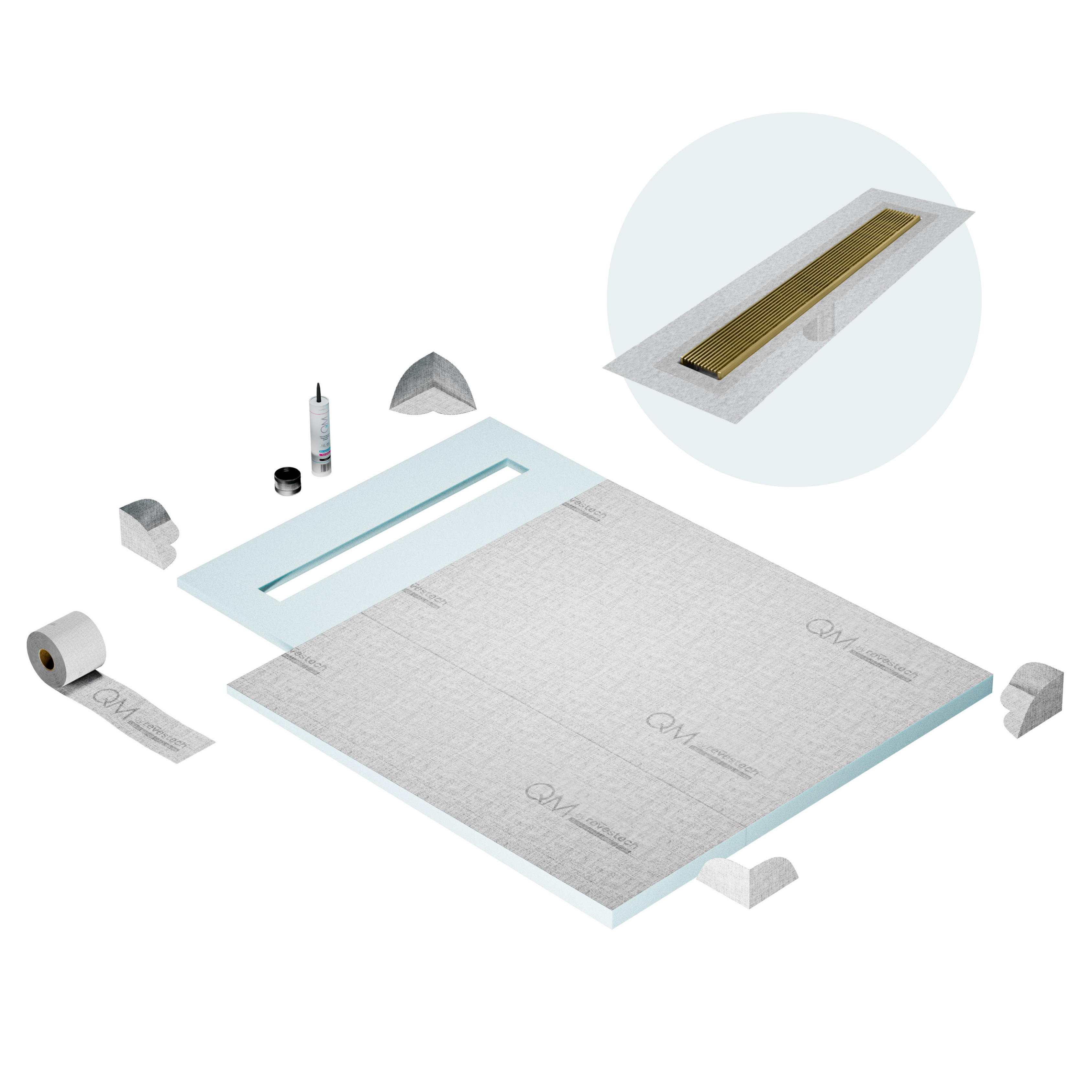 QM Shower Pan Curbless Kit 40" with a 32" Wedgewire Linear Drain Flange Edge in Gold