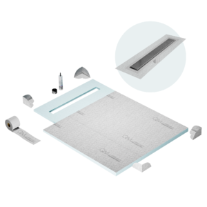 QM Shower Pan Curbless Kit 40″ with a 32″ Wedgewire Linear Drain Flange Edge in Polished