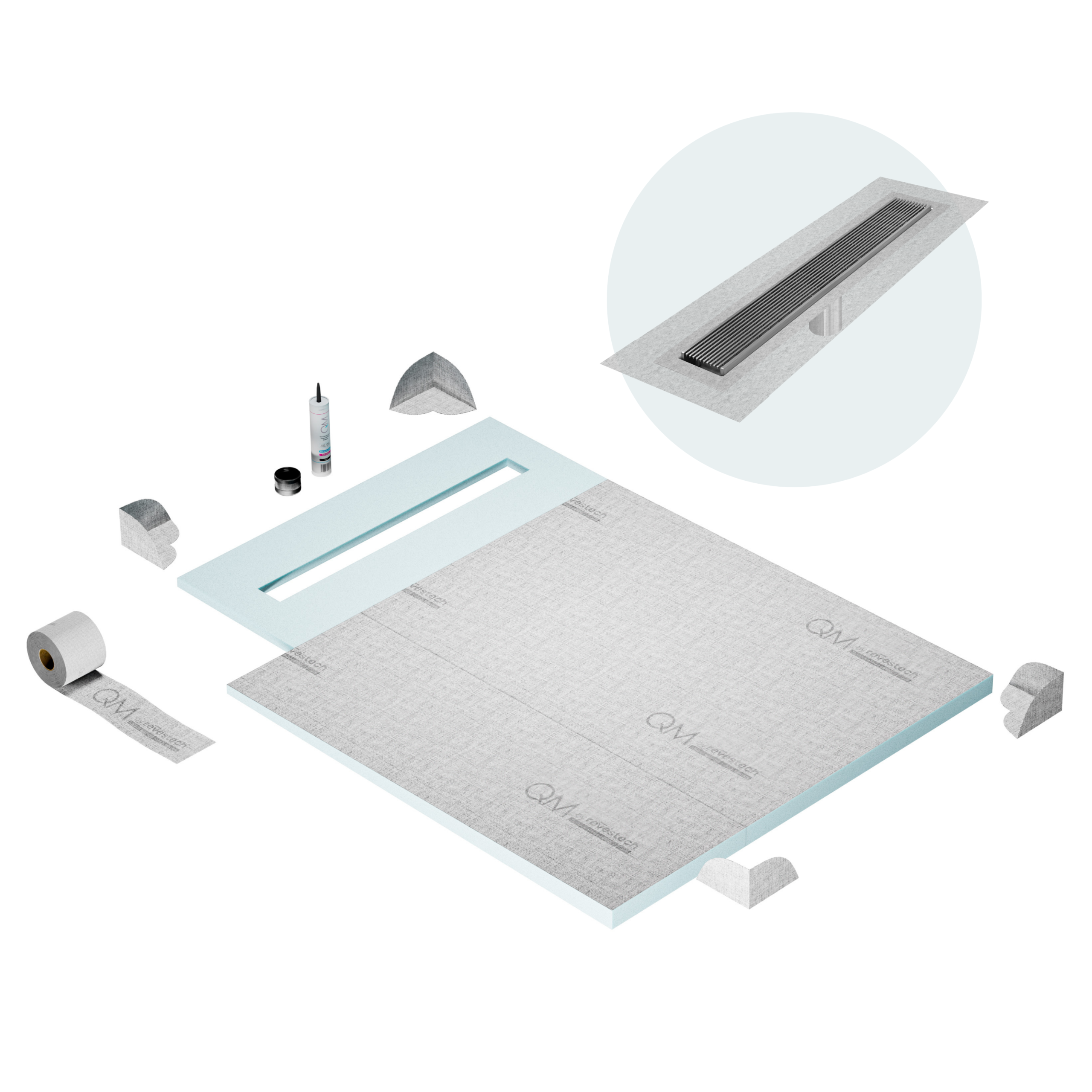 QM Shower Pan Curbless Kit 40" with a 32" Wedgewire Linear Drain Flange Edge in Satin