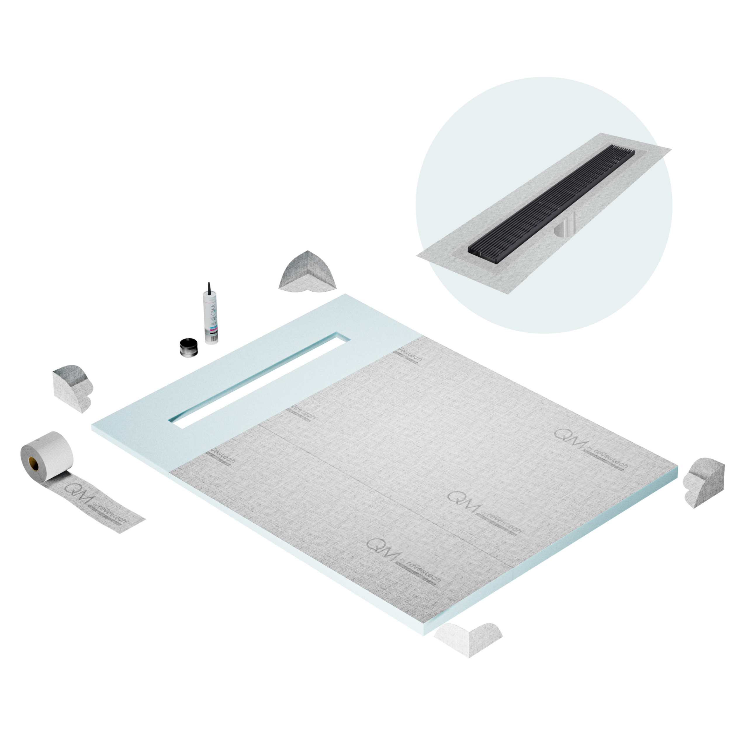 QM Shower Pan Curbless Kit 48" with a 36" Wedgewire Linear Drain Flange Edge in Black
