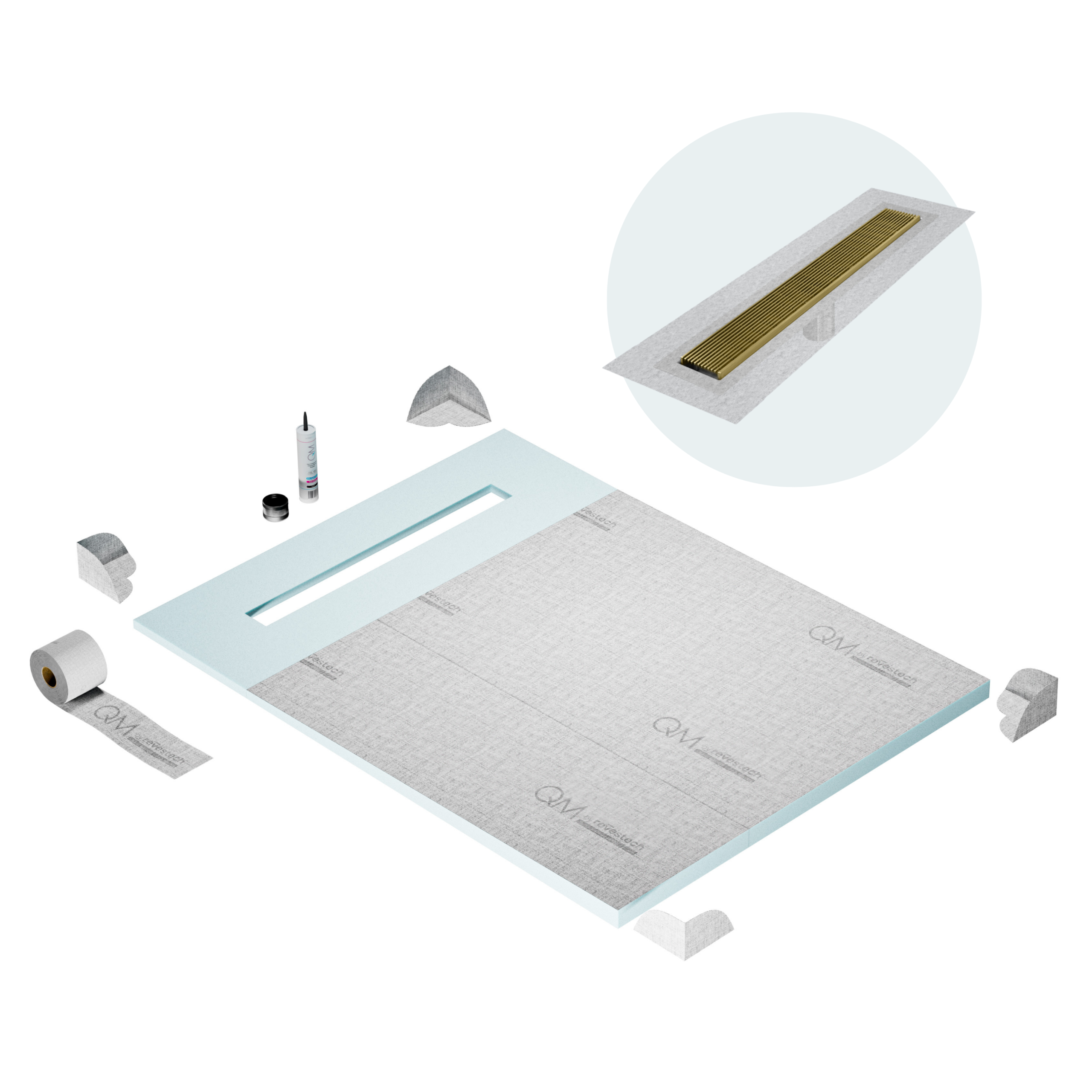QM Shower Pan Curbless Kit 48" with a 36" Wedgewire Linear Drain Flange Edge in Gold