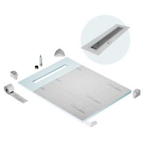 QM Shower Pan Curbless Kit 48″ with a 36″ Wedgewire Linear Drain Flange Edge in Polished