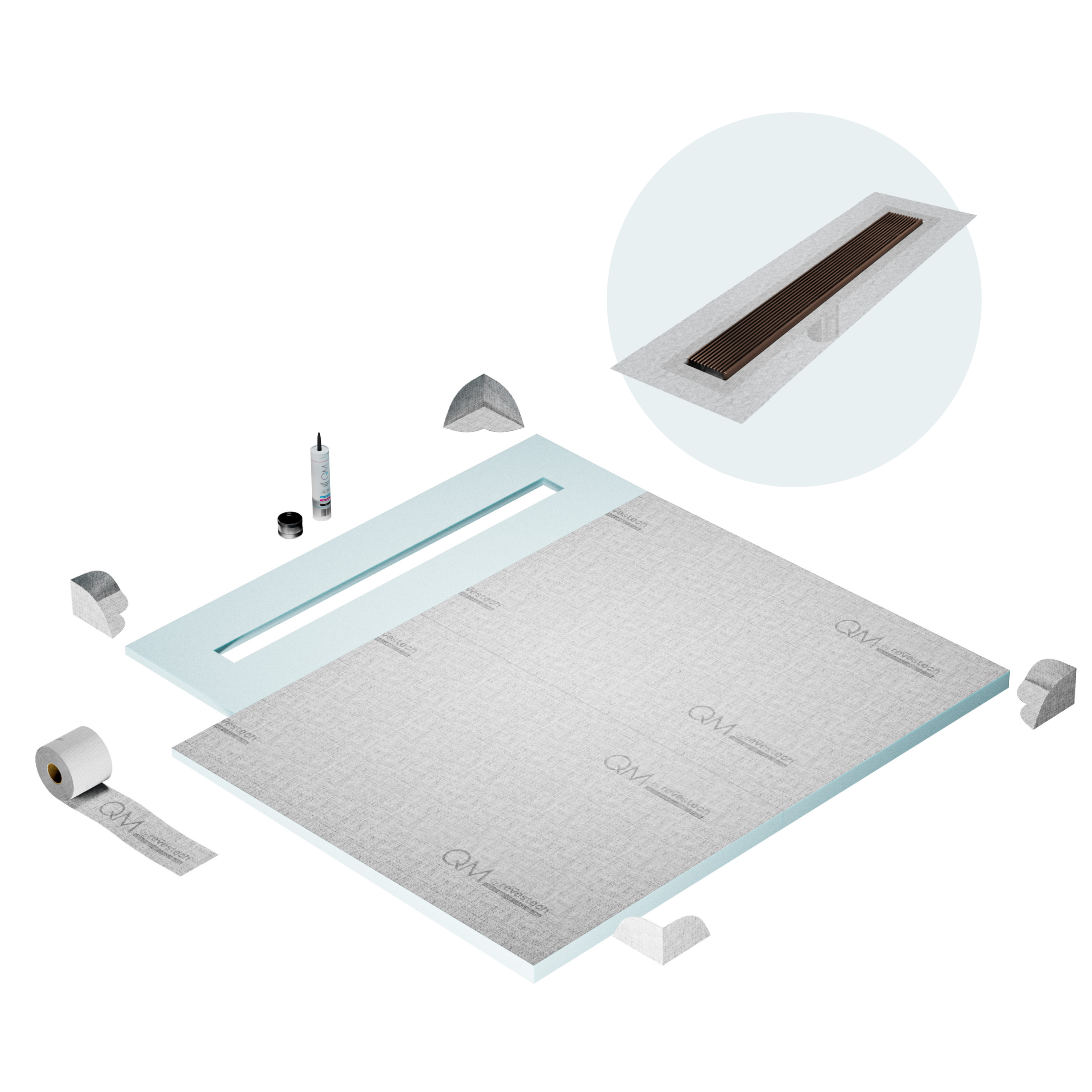 QM Shower Pan Curbless Kit 56" with a 48" Wedgewire Linear Drain Flange Edge in Bronze