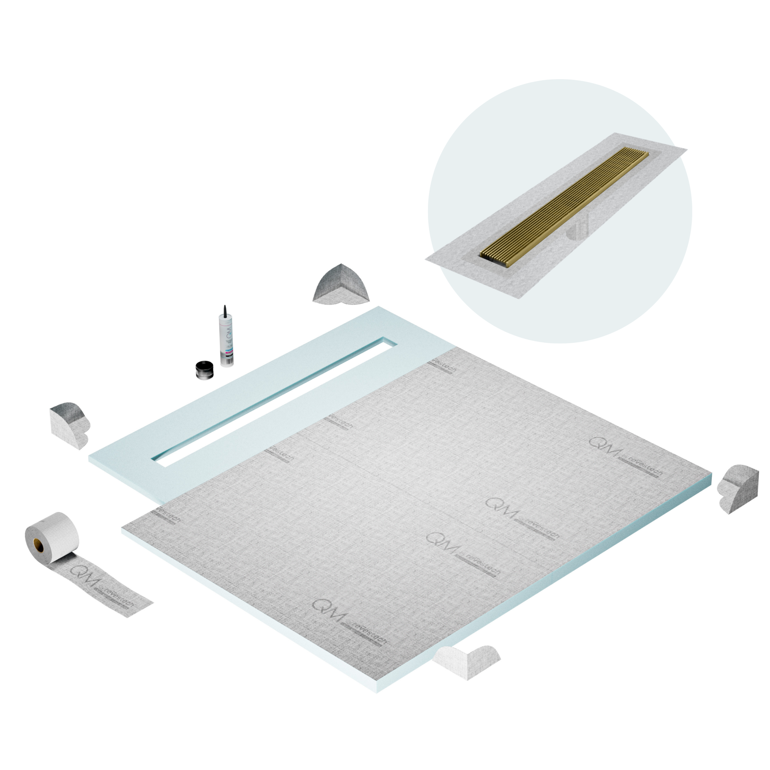 QM Shower Pan Curbless Kit 56" with a 48" Wedgewire Linear Drain Flange Edge in Gold