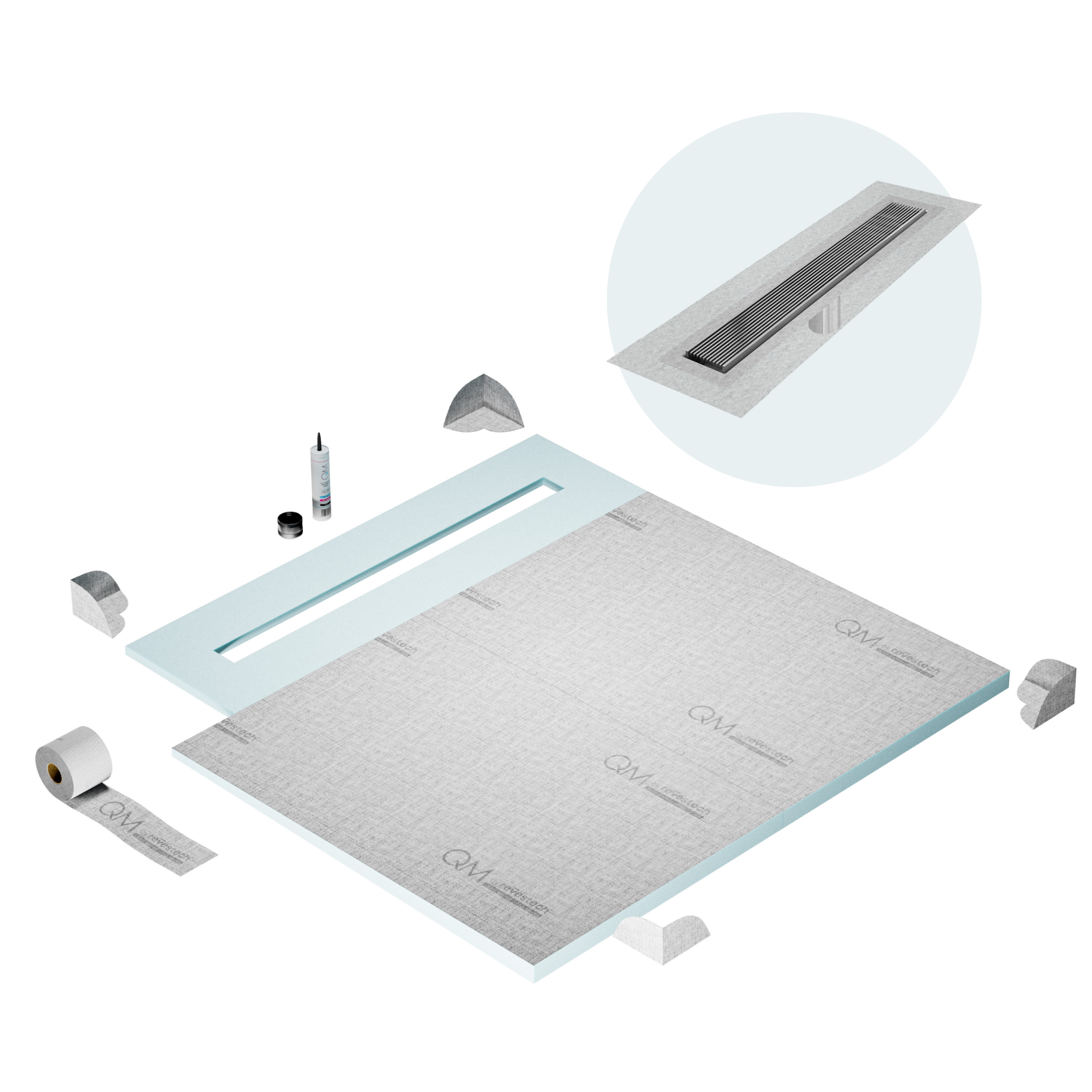 QM Shower Pan Curbless Kit 56" with a 48" Wedgewire Linear Drain Flange Edge in Polished