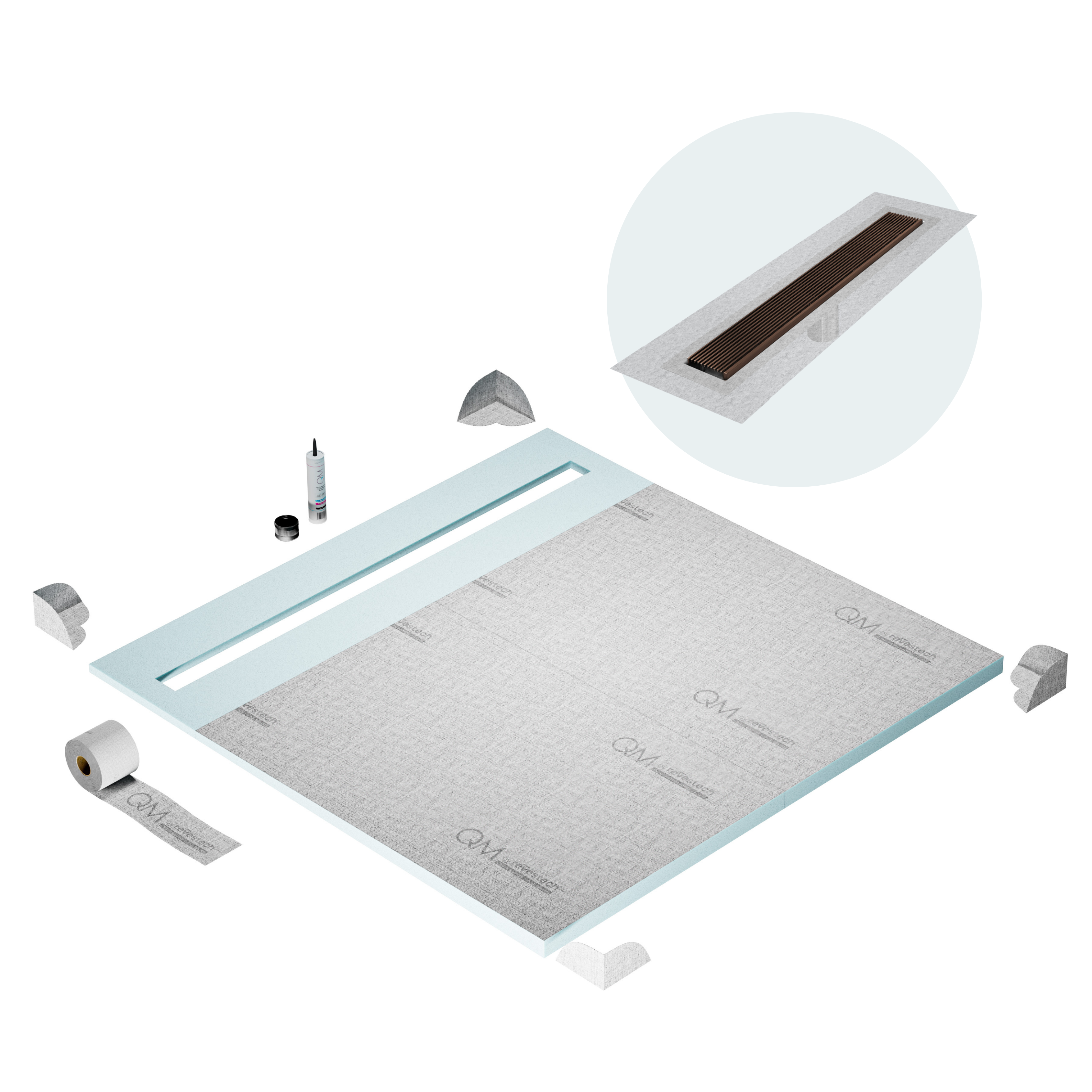 QM Shower Pan Curbless Kit 64" with a 58" Wedgewire Linear Drain Flange Edge in Bronze