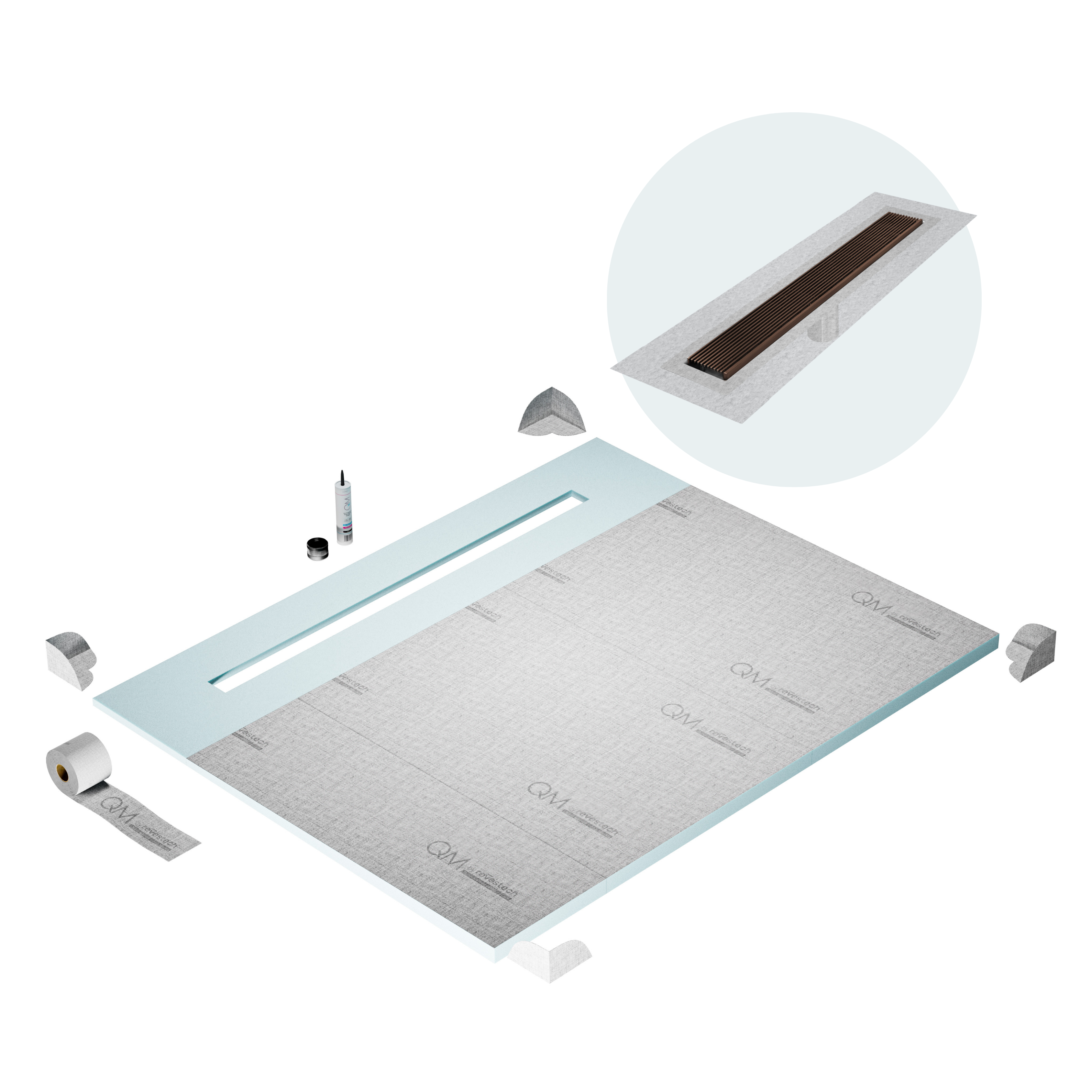QM Shower Pan Curbless Kit 80" with a 58" Wedgewire Linear Drain Flange Edge in Bronze